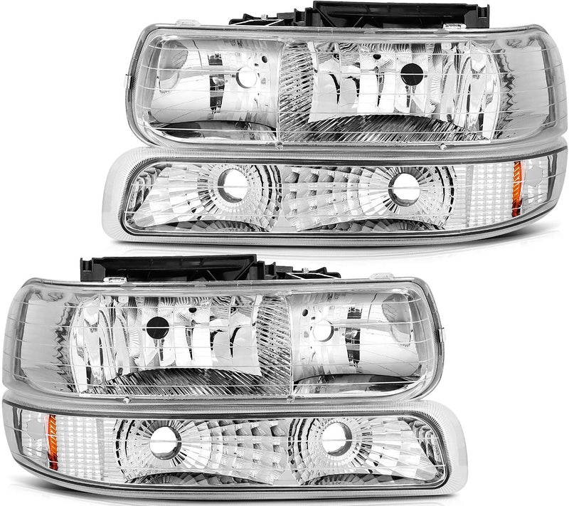 LBRST Headlight Assembly For Chevrolet Silverado 1500 1999-2002/For Chevrolet Silverado 2500 1999-2002 Chrome Housing Amber Reflector Clear Lens Driver and Passenger Side Headlamp - Image 1
